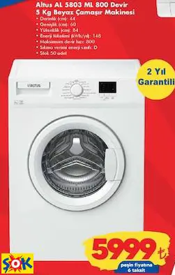 ALTUS AL 5803 ML 800 DEVİR 5 KG BEYAZ ÇAMAŞIR MAKİNESİ